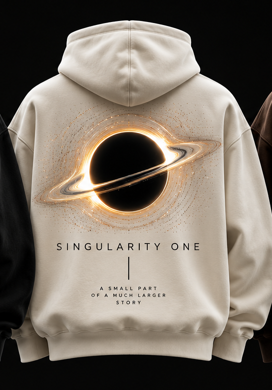 White hoodie — black hole on the back